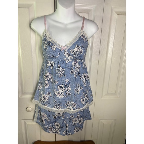Laura Ashley Blue Floral Lace Trim Cami Top & Shorts Pajama Set Sleepwear Small - Picture 1 of 9